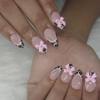 MouyouGlow Short Almond Press-On Nails, Leopard French 3D Bow Design, Pink Y2K view 1