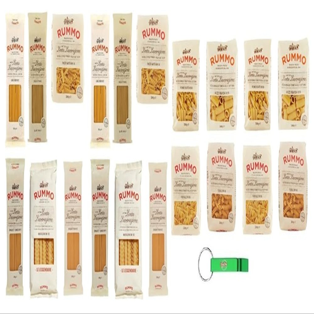 Rummo Pasta Set, 20 x 500 g: Spaghetti, Spaghettoni, Spaghettini, Linguine, Penne, Mezzi Rigatoni, Fusilli, Farfalle, Mafaldine, Pasta Mista + Free Beni Culinari Keychain
