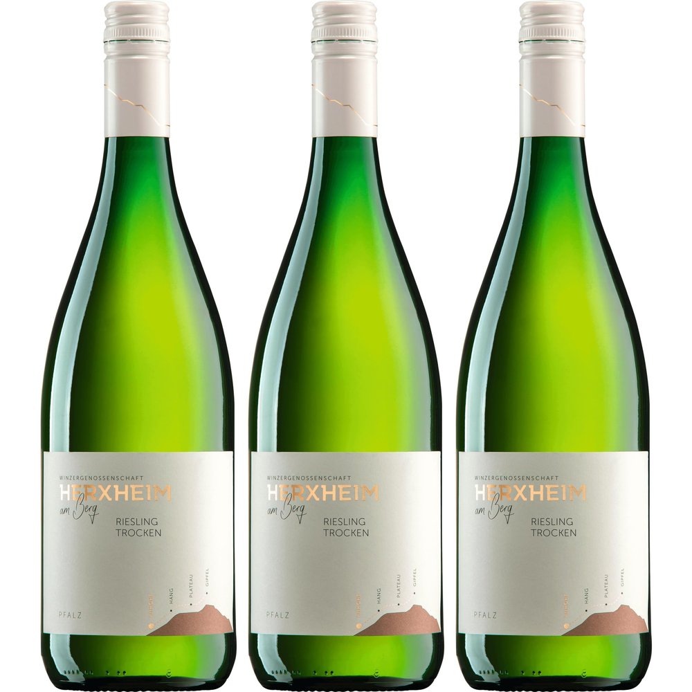 Winzergenossenschaft Herxheim am Berg Riesling QbA 1 L Dry White Wine, Germany, incl. FeinWert E-Book (3 x 1 L)