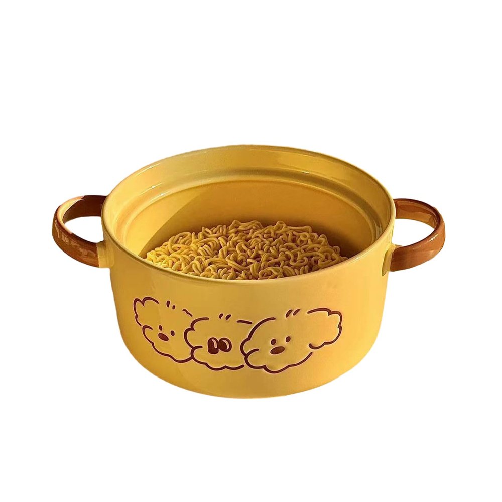 Round Ceramic Instant Noodle Bowl with Cartoon Three-Puppy Design