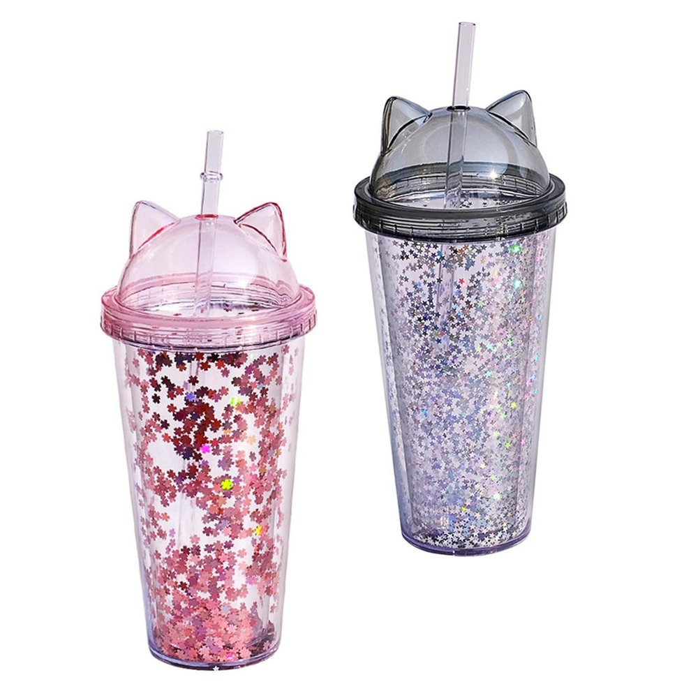 Lawnrden Glitter Water Cups with Straws and Cat Ears, 2-Pack, Gray, 400–500 ml