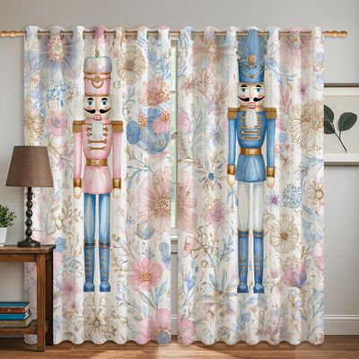 Nutcracker Blackout Curtains, Festive Whimsical Flower and Butterfly Christmas Design, Pastel Peach, Machine Washable Window Curtains for Living Room, Home, Office, Window Decor, 132