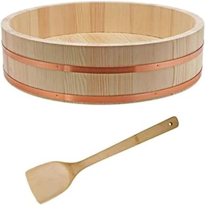Wooden Sushi Rice Mixing Tub with Spoon for Authentic Japanese Cooking