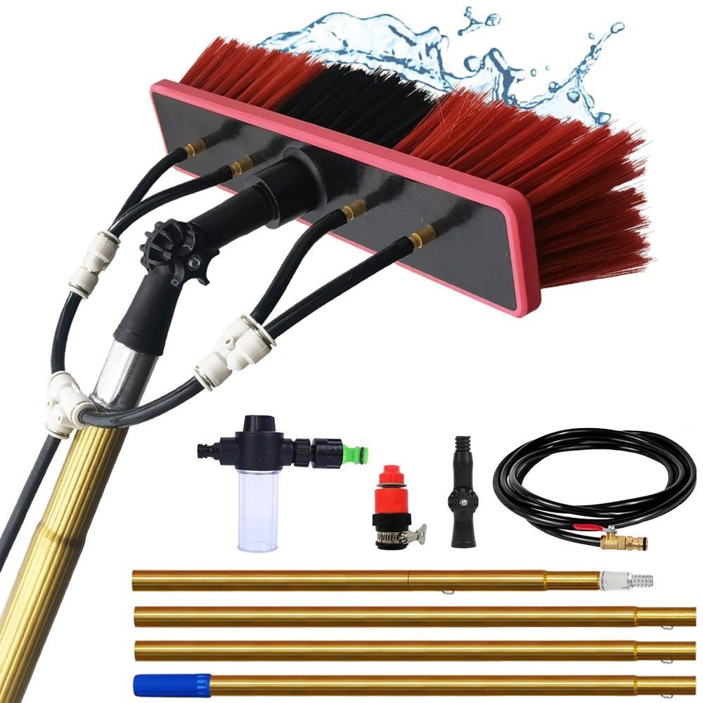 Window Cleaning Brush with Soap Dispenser and Water-Fed Telescoping Pole