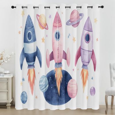 Watercolor Rocket Blackout Curtains, Cartoon Planet, 2-Piece Set, W 140 x H 260 cm