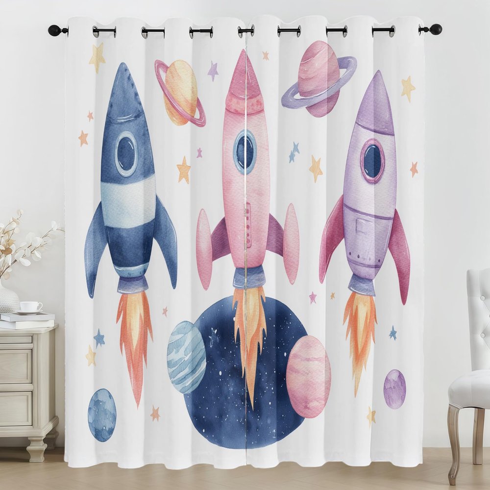 Watercolor Rocket Blackout Curtains, Cartoon Planet, 2-Piece Set, W 140 x H 260 cm