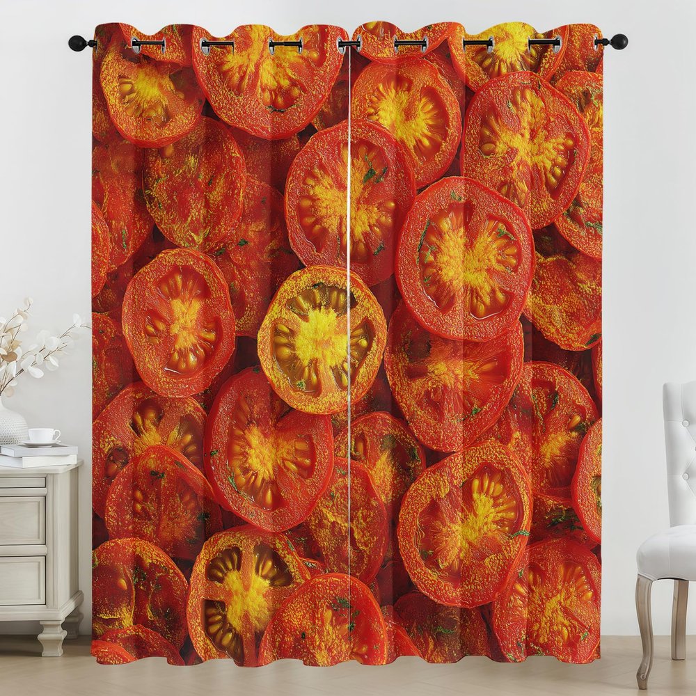 Generic Tomato Vegetable Blackout Thermal Curtains, 3D Red and Yellow Eyelet Curtains for Kids' Bedroom, Bedroom or Living Room, 2 Panels, H 215 x W 110 cm