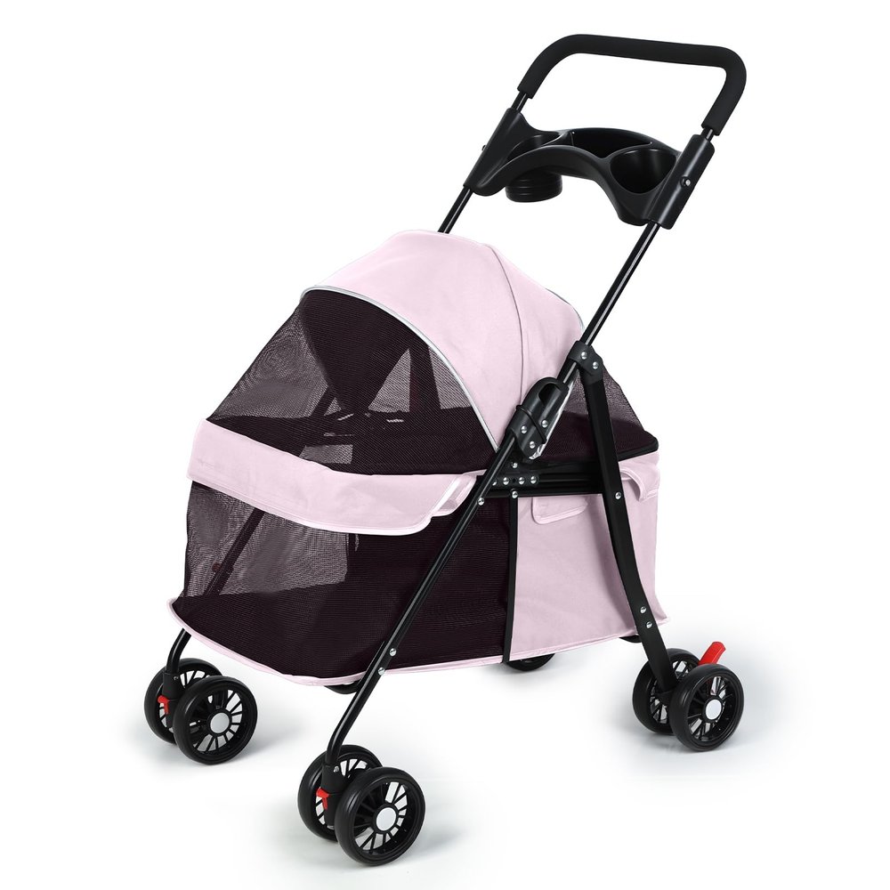 Foldable Pet Stroller for Small to Medium Dogs and Cats with Brake, Adjustable Canopy, Storage Basket and Mesh Window