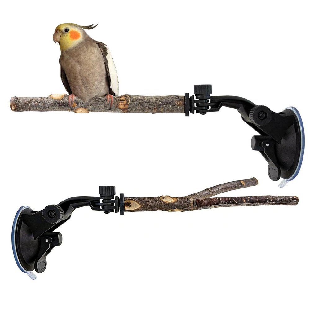 Suction Cup Bird Perch, 2-Piece Wooden Stand with Attachment Toy