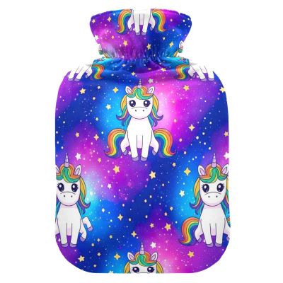 Hot Water Bottle with Cute Cartoon Unicorn and Rainbow Galaxy Design, Soft Cover, Size M