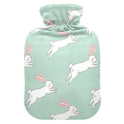 Hot Water Bottle with Cute White Rabbit, Mint Green, Soft Velvet Cover, for Neck, Shoulders and Menstrual Cramps, Size M