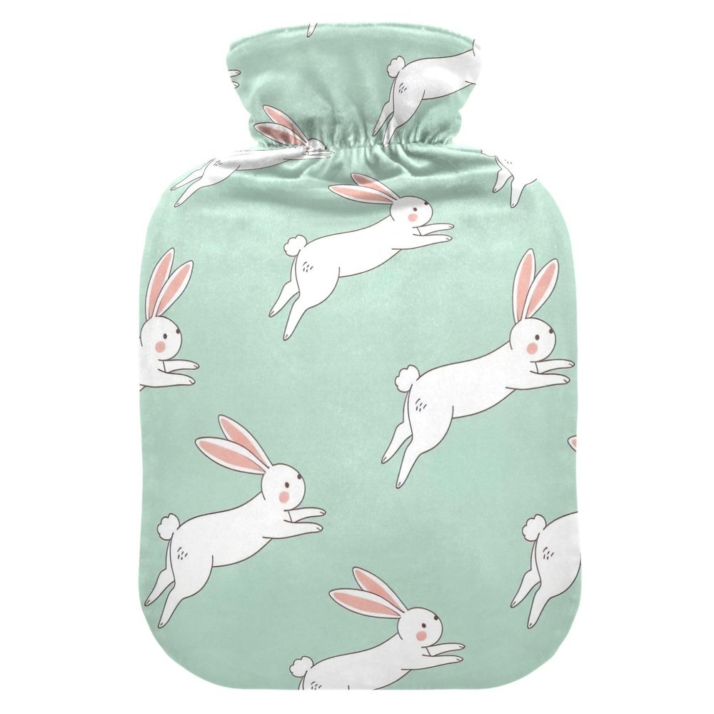 Hot Water Bottle with Cute White Rabbit, Mint Green, Soft Velvet Cover, for Neck, Shoulders and Menstrual Cramps, Size M