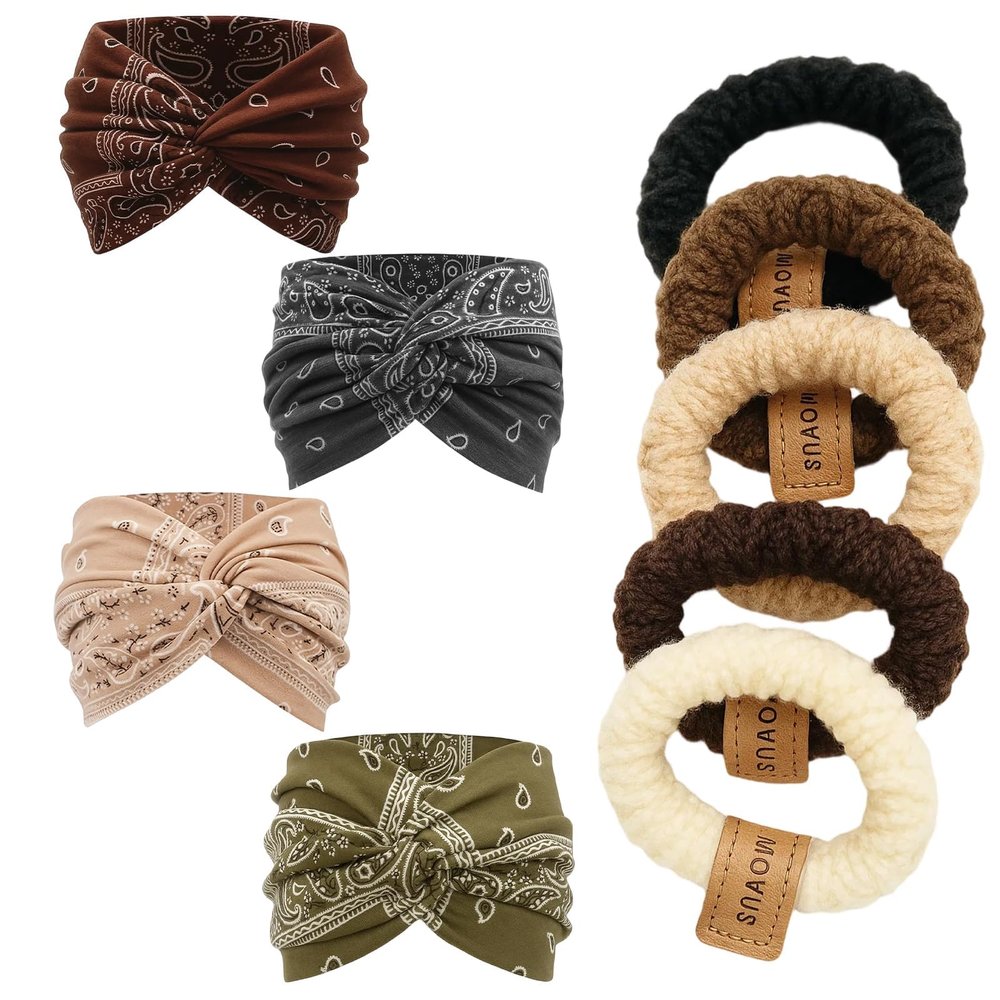 4 Wide Headbands + 5 Hair Ties for Women
