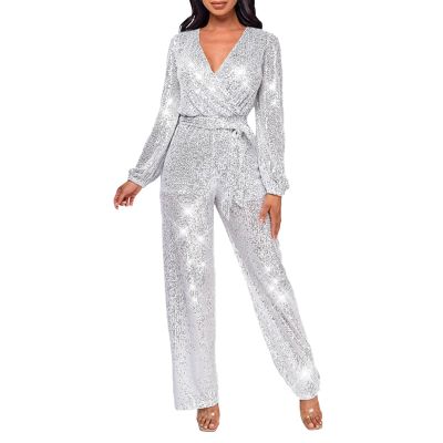 Foweknow Women's Long-Sleeve Sequin Jumpsuit with Belt