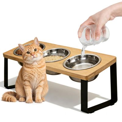 Elevated Cat Bowls, Raised Feeding Station, 3-Piece Ceramic Cat Bowl Set, 15° Tilted Stainless Steel Bowl Set for Cats and Dogs