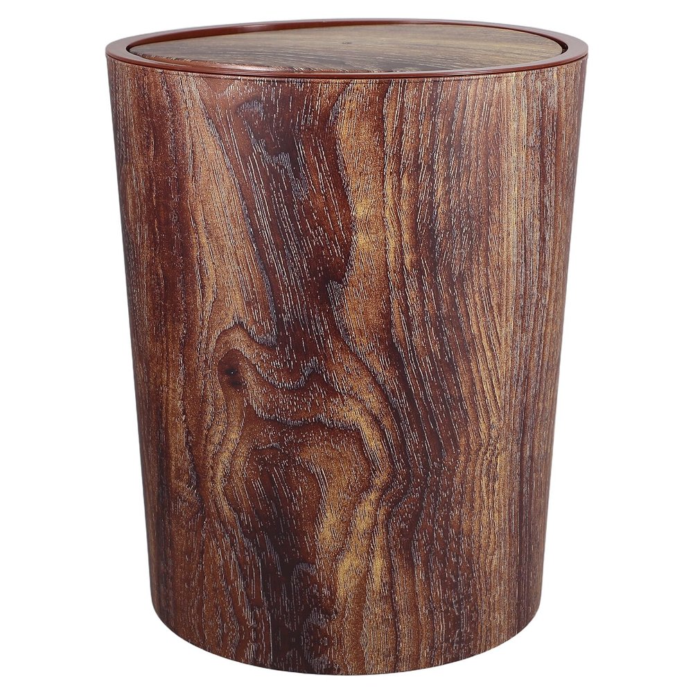 ERINGOGO Compact Plastic Trash Can with Rotating Lid, Wood-Look Design