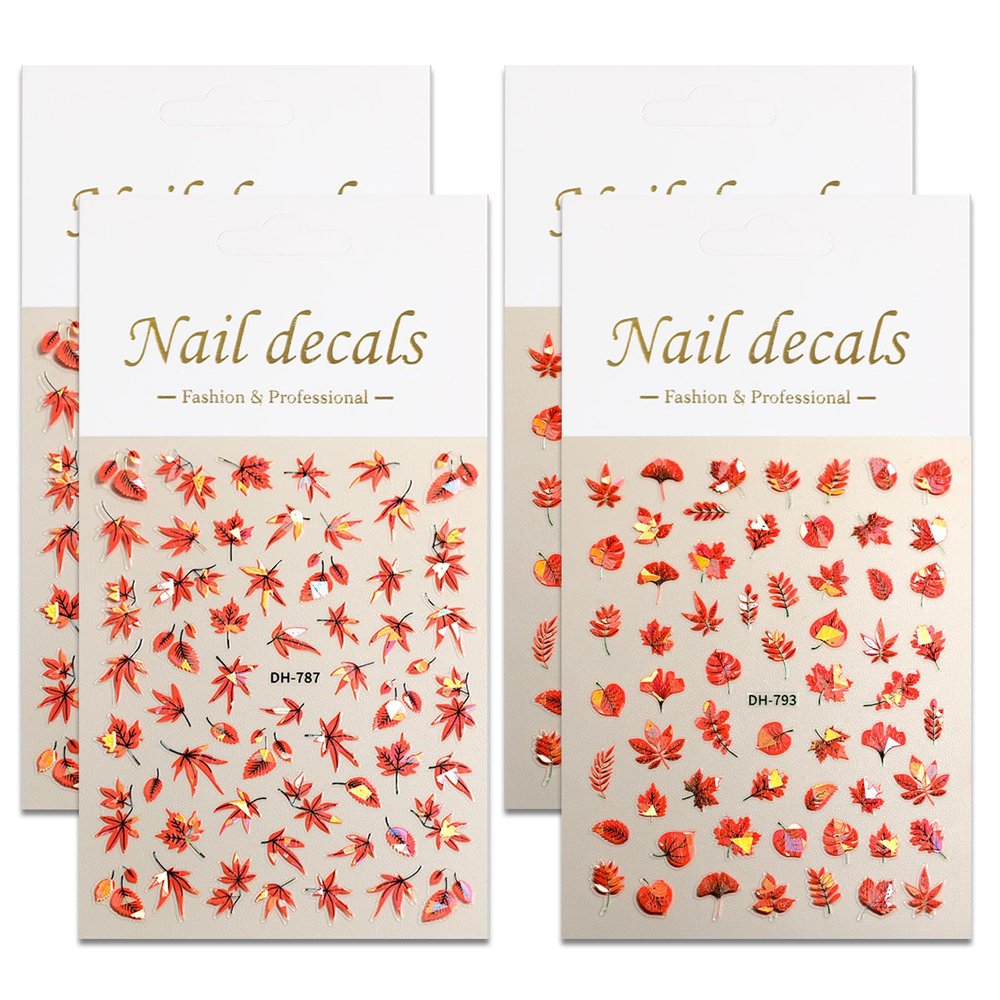 Autumn Self-Adhesive Nail Sticker Set, Maple Leaf Design, Red-Orange, 2 x 2 Sheets