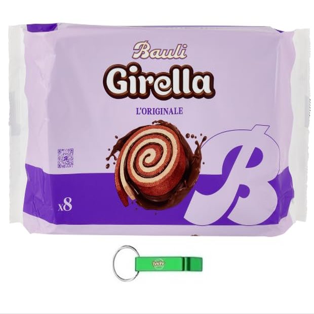 4x Bauli Girella Originale Cioccolato Cocoa-Filled Cake Snacks, 280 g (8 x 35 g per Pack) + Free Beni Culinari Keychain