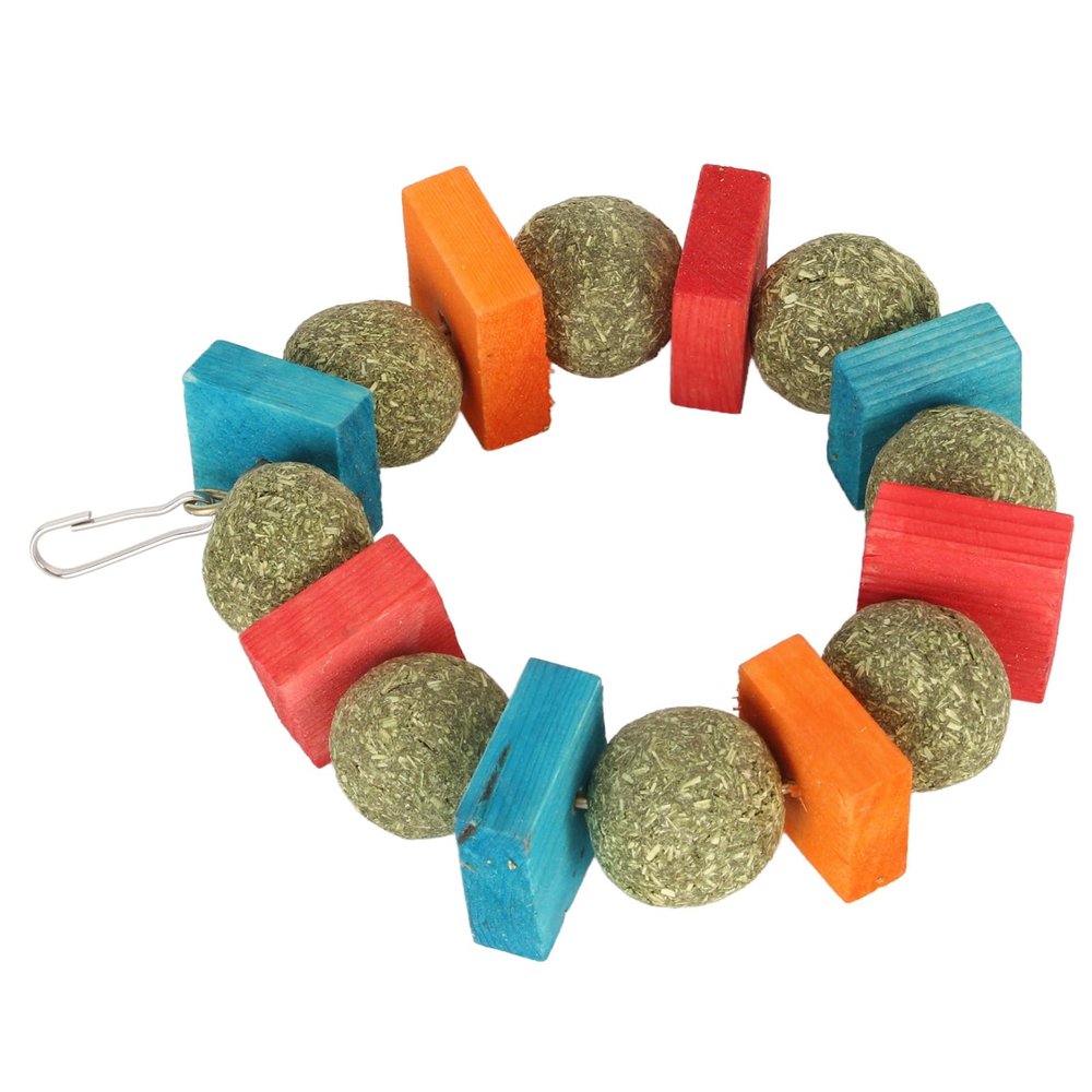 Golden, Chew-Resistant Chinchilla Bunny Chew Toy for Teeth Grinding, Apple Wood and Straw Ball, Colorful Round Ring