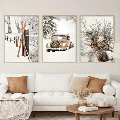 TROYSINC 3-Piece Premium Poster Set, Winter Scene with Car and Pine Cones, Canvas Prints, Unframed (16 x 20 in)