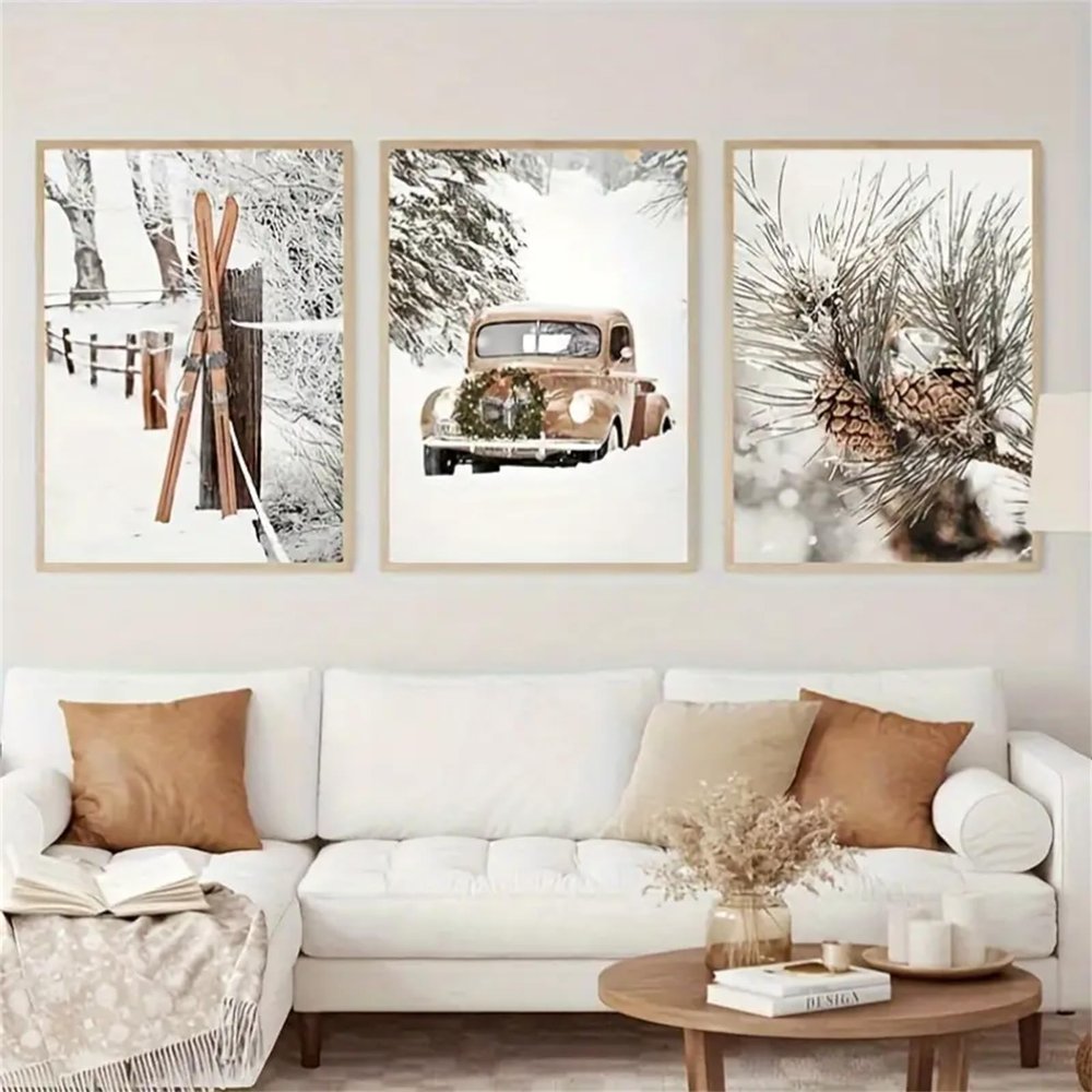 TROYSINC 3-Piece Premium Poster Set, Winter Scene with Car and Pine Cones, Canvas Prints, Unframed (16 x 20 in)