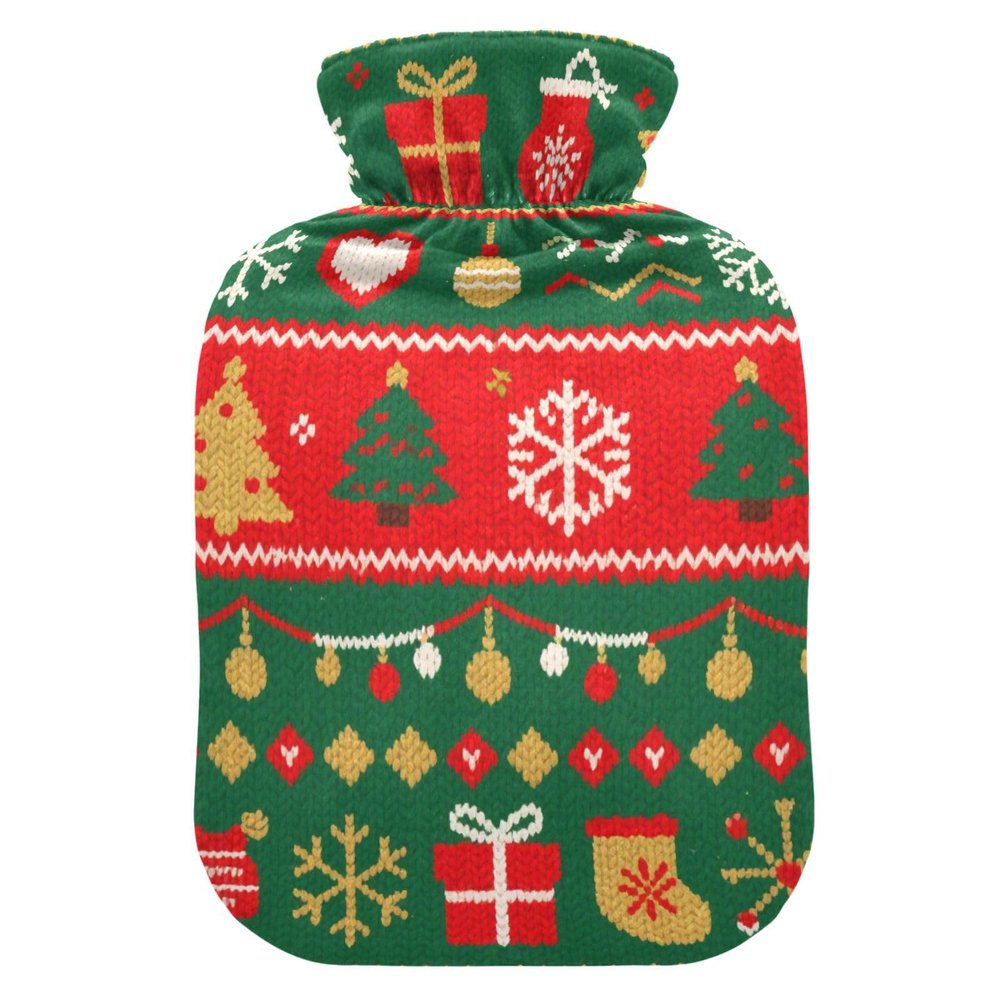 Hot Water Bottle with Soft Cover, Christmas Design, 2 L, Red/Green
