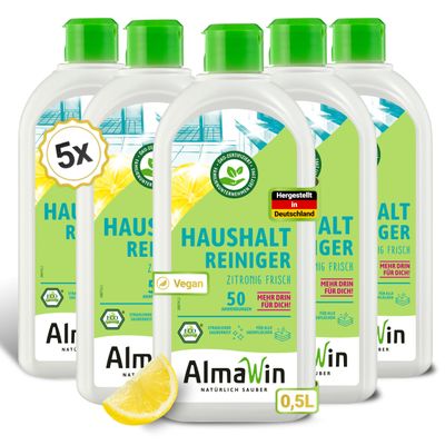 AlmaWin Household Cleaner [5 x 500 ml] All-Purpose Cleaner & Degreaser, Vegan, Lemon-Scented Concentrate