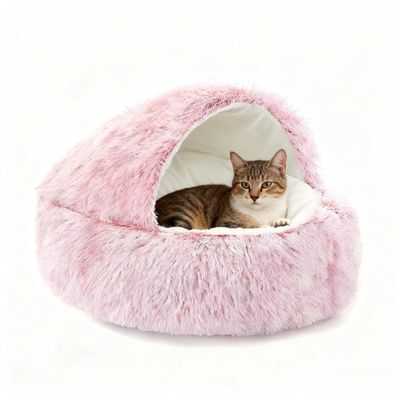 Calming Cat & Small Dog Bed, Plush Hooded Cave, Convertible Donut Bed, Pink, 40 cm