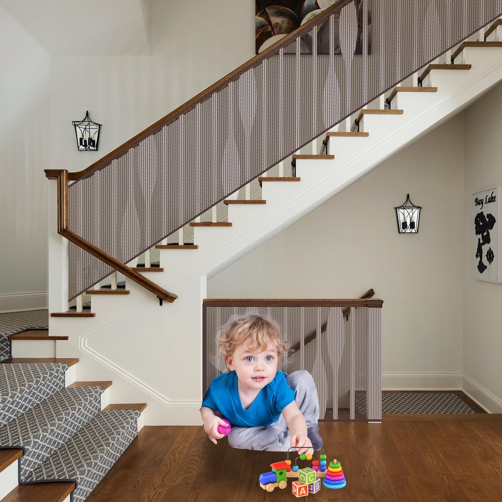 Stair Safety Net 55 x 157 in, Childproof Railing Net with Nylon Rope, Brown