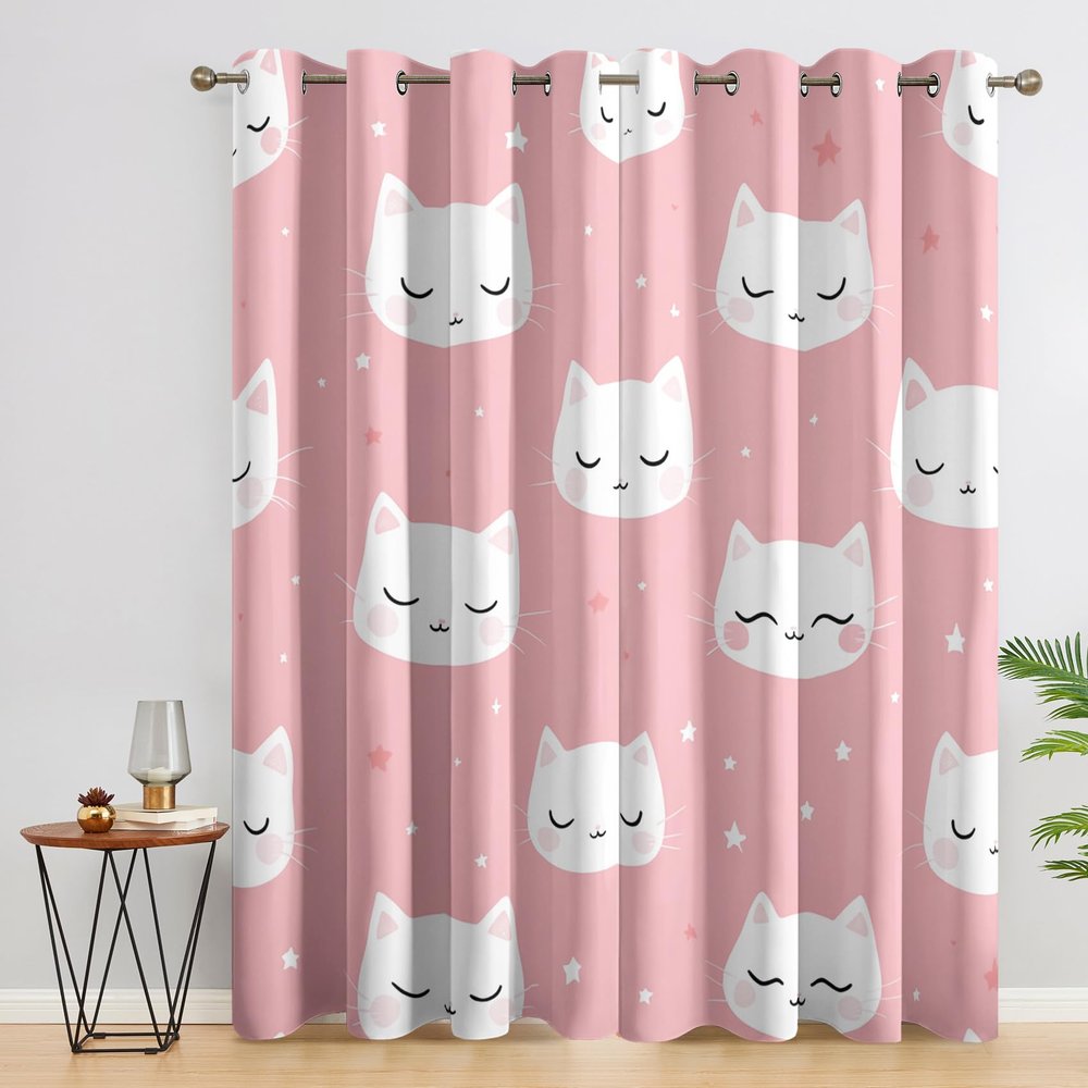 Cute Cat Pink Blackout Curtains, 2-Piece Set, H 260 x W 140 cm, 95% Blackout
