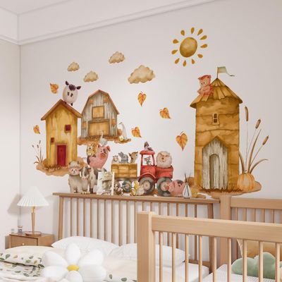 WandSticker4U Extra-Large Watercolor Farm Wall Decals for Kids’ Rooms (131 x 76 cm)