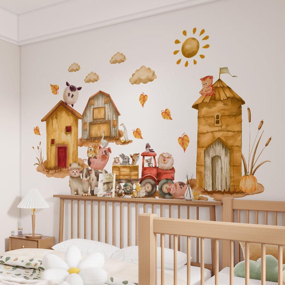 WandSticker4U Extra-Large Watercolor Farm Wall Decals for Kids’ Rooms (131 x 76 cm)