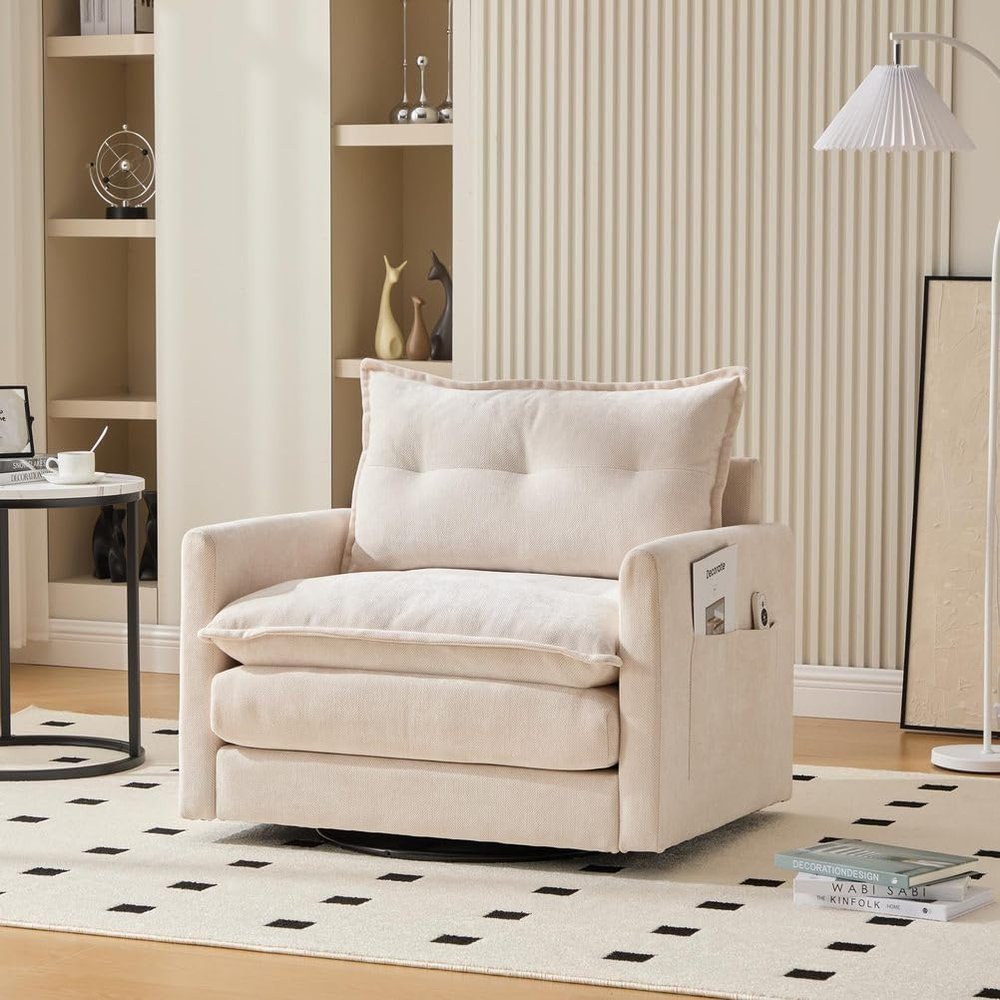 Mixtric Large Single Sofa, 360° Swivel Armchair with Armrests and Cushion, Beige