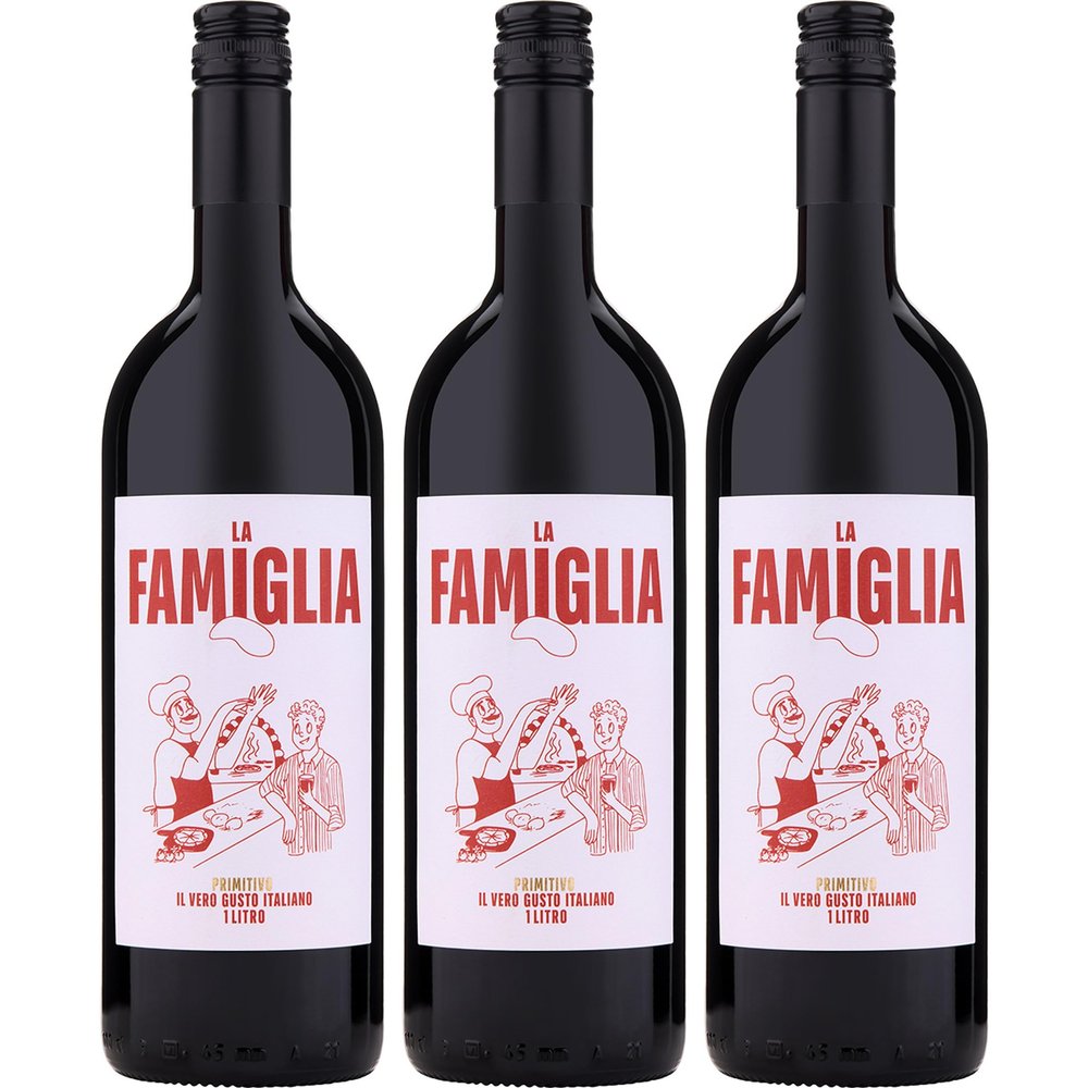 LA FAMIGLIA Primitivo Puglia IGT 1 L Dry Red Wine, Italy, incl. FeinWert E-Book (3 x 1 L)