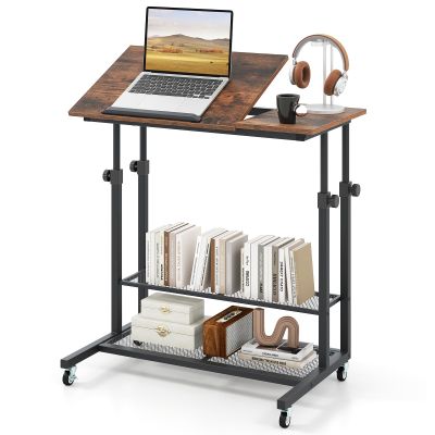 FANTASK Height-Adjustable C-Shaped Laptop Table with Casters, Tilting Top & Storage Shelf, 80 x 40 cm