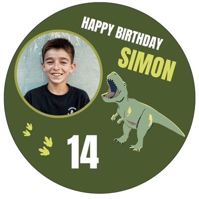 Edible Birthday Dinosaur Cake Topper with Custom Photo and Text (18 cm, Wafer)