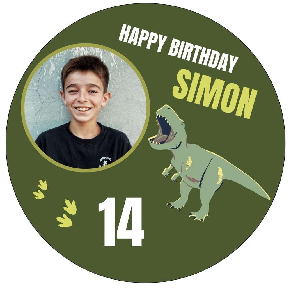 Edible Birthday Dinosaur Cake Topper with Custom Photo and Text (18 cm, Wafer)