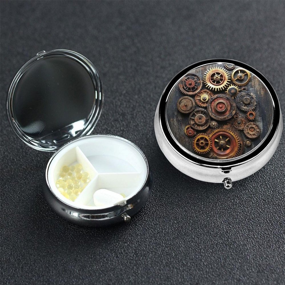 3-Compartment Metal Pill Organizer, Steampunk Gear Design