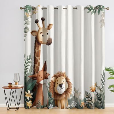 Giraffe, Lion & Fox Blackout Curtains, 2-Pack, H 166 x W 75 cm, 95% Blackout, Thermal Window Curtains, DCE56
