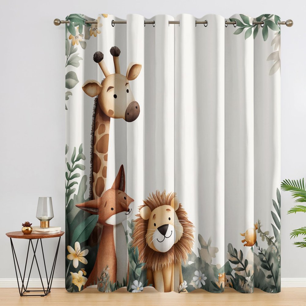 Giraffe, Lion & Fox Blackout Curtains, 2-Pack, H 166 x W 75 cm, 95% Blackout, Thermal Window Curtains, DCE56