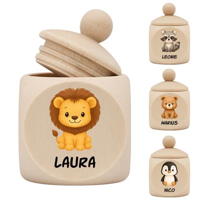 polar-effekt Personalized Wooden Baby Tooth Box with Name and Animal Design