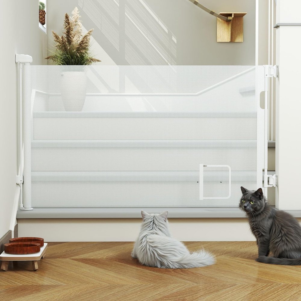 OHMG Retractable Safety Gate for Babies and Children, 0–150/180 cm, Indoor/Outdoor, with Cat Opening