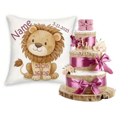 Personalized Baby Gift Set with Name and Birth Details, Safari Animals + Diaper Cake, 3-Piece | Birth Gift for Girls and Boys (Plum, Lion)