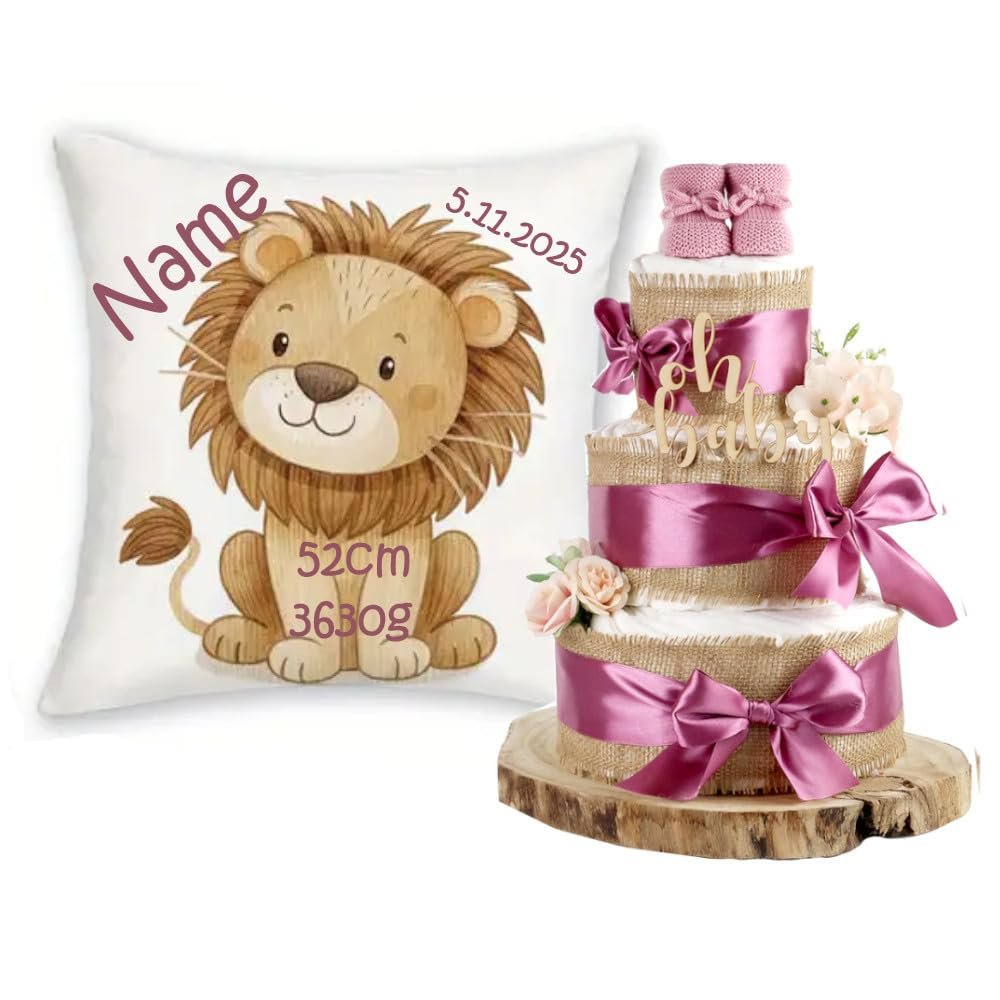 Personalized Baby Gift Set with Name and Birth Details, Safari Animals + Diaper Cake, 3-Piece | Birth Gift for Girls and Boys (Plum, Lion)