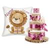 Personalized Baby Gift Set with Name and Birth Details, Safari Animals + Diaper Cake, 3-Piece | Birth Gift for Girls and Boys (Plum, Lion) view 1