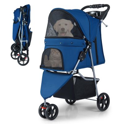 COSTWAY Foldable Dog Stroller, 3-Wheel Pet Stroller for Dogs and Cats up to 15 kg, with Cushion, Adjustable Canopy, Mesh Windows, Handle and Basket, Blue