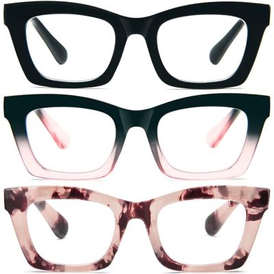 KoKoBin 3-Pack Reading Glasses for Women, Blue-Light-Filtering Oversized Fashion Computer Glasses with Spring Hinges (Black/Black-Pink/Pink Leopard, 2.5x)