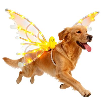 Light-Up Fairy Wings for Dogs with Moving Butterfly Wings, LED Lights & Music, Christmas Costume (Warm)