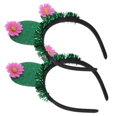 2 Funny Green Cactus Headbands with Flowers for Halloween
