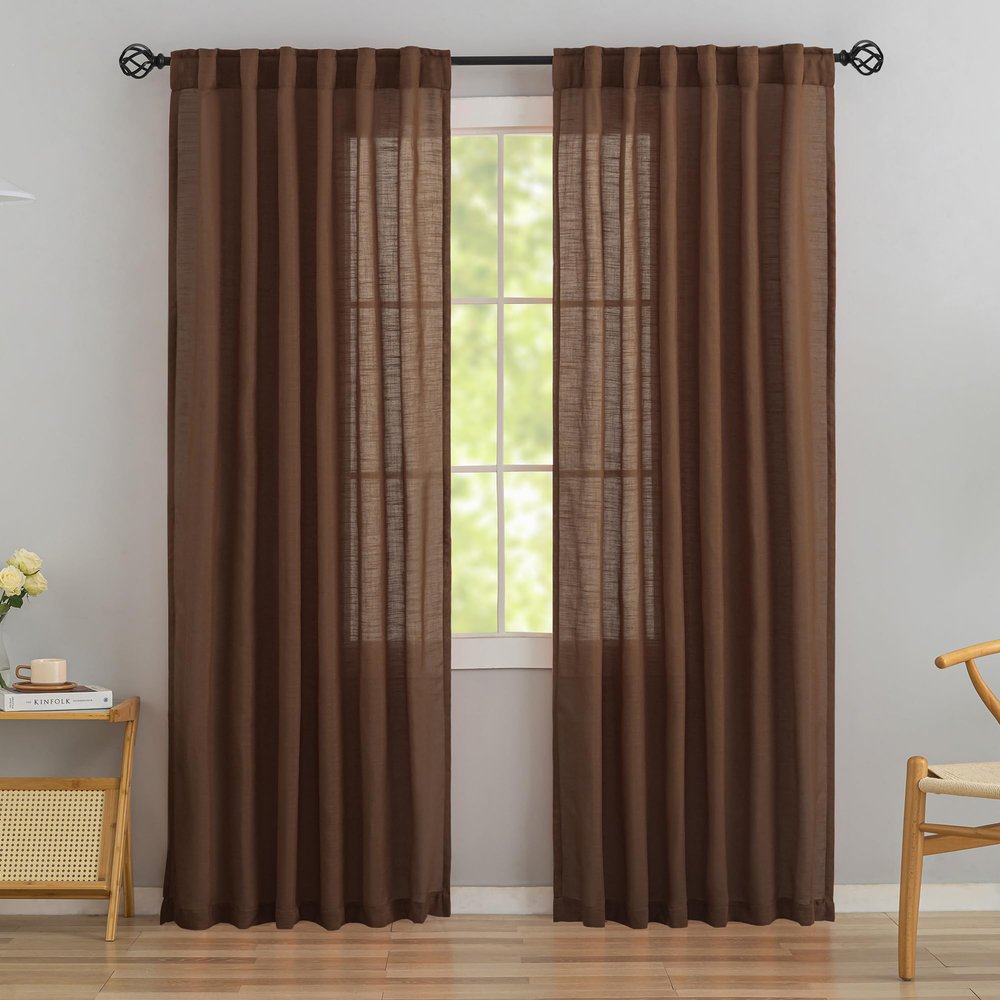 DONREN Curtains with Back Tabs, 2 Panels for Guest Rooms, Semi-Sheer, with Hooks, Tiebacks, Light Filtering, Playroom Curtains, 132 W x 78 L in, Cocoa Brown